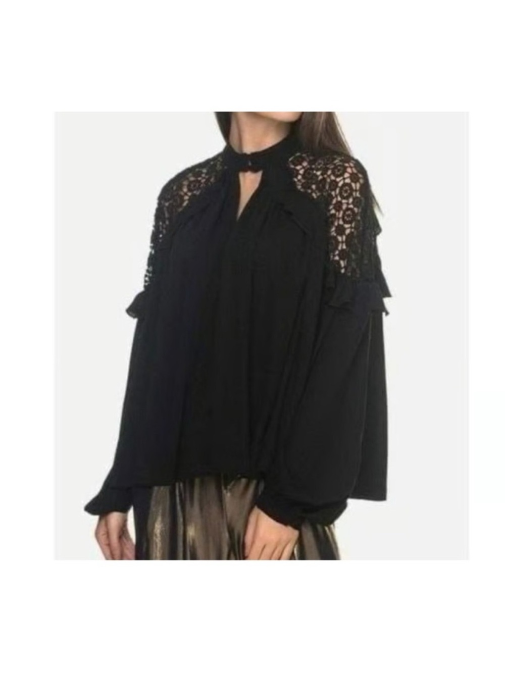 Women's Lace Shoulder Blouse - Elegant Keyhole Top